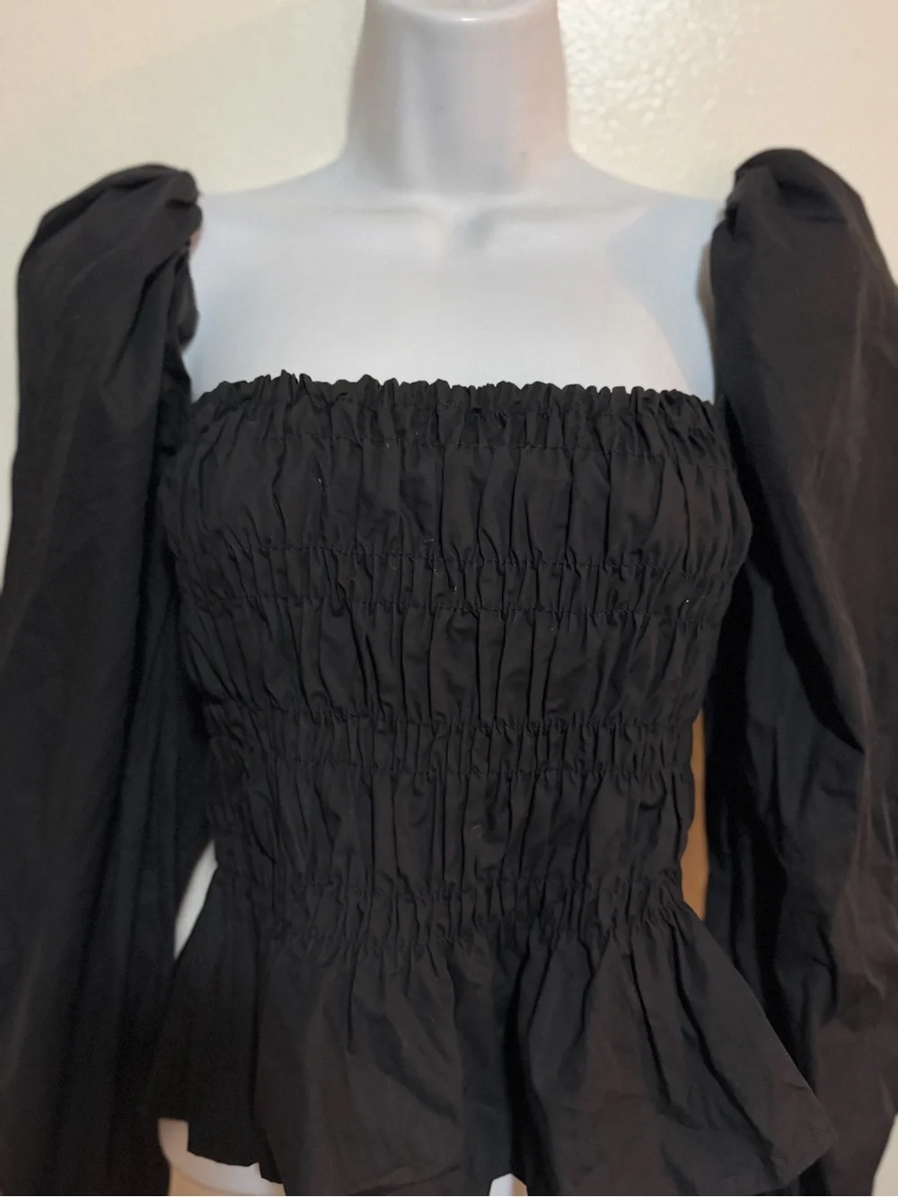 Astr Black Smocked Peplum Puff-Sleeve Top